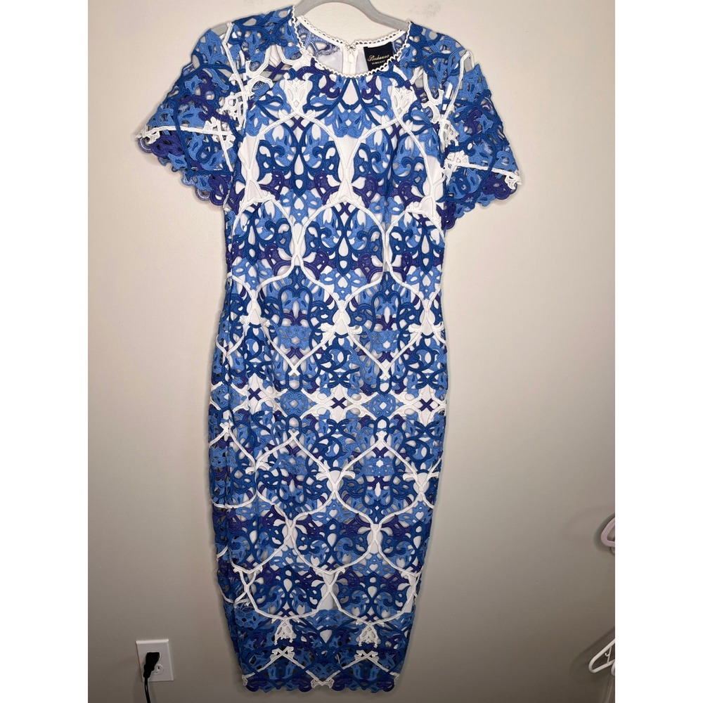 Shoshanna Midnight Blue White Lattice Lace Kiriya Midi Dress M 10